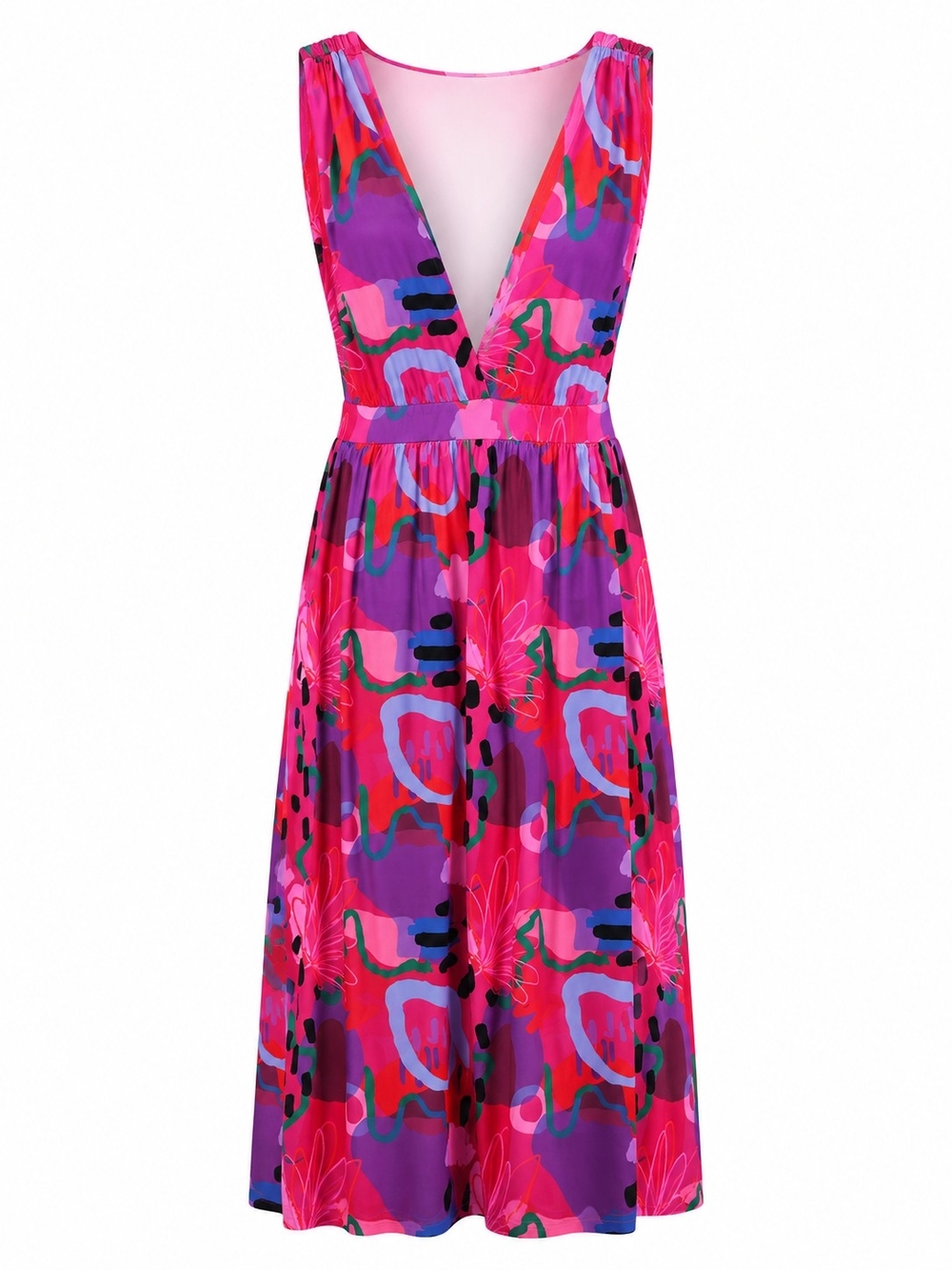 V-Neck Sleeveless Midi Dress in Pink & Purple Abstract Print